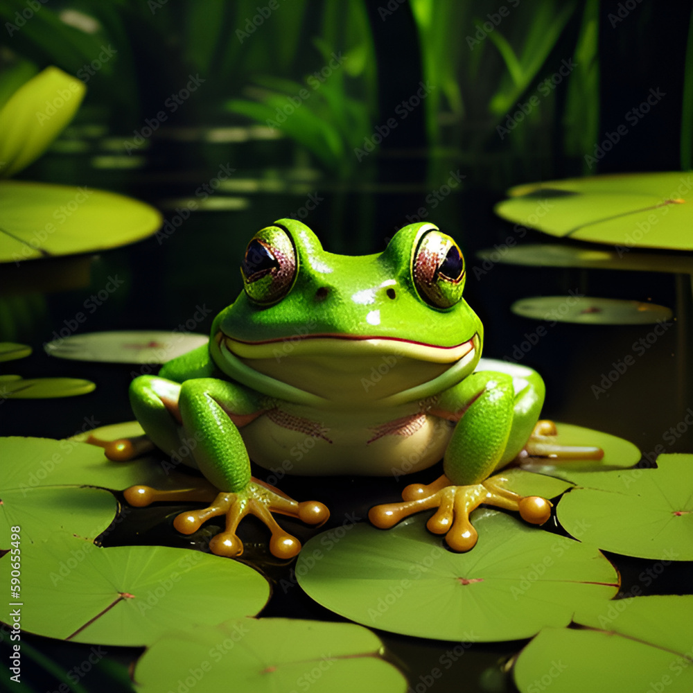 A happy frog in a pond sitting on a lilly pad - Generative AI A happy frog in a pond sitting on a lilly pad - Generative AI