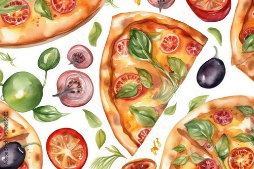 mouth-watering pizza painted in watercolor with olives, tomatoes, and cheese toppings. Generative AI