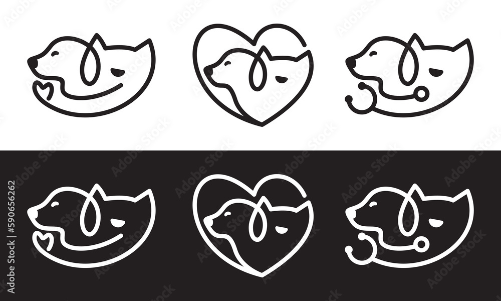 dog and love logo design. pet care white stethoscope concept element. linear style symbol vector illustration. dog and love logo design. pet care white stethoscope concept element. linear style symbol vector illustration.