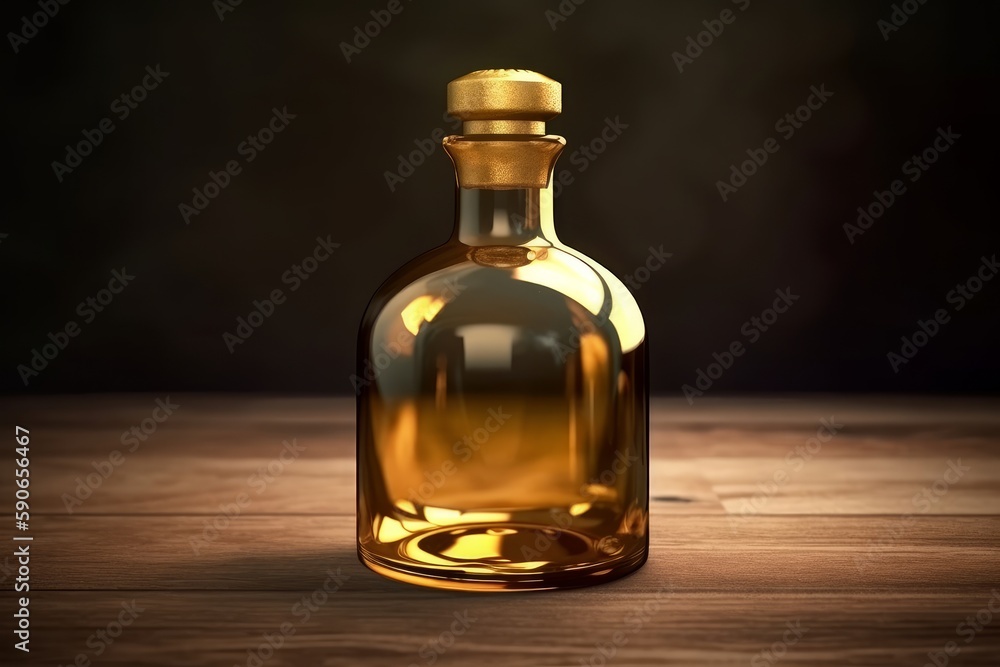 Elegant Half-Filled Gold Potion Bottle on Table, Concept of Luxury, Generative AI Elegant Half-Filled Gold Potion Bottle on Table, Concept of Luxury, Generative AI
