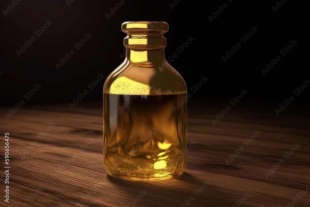 Elegant Half-Filled Gold Potion Bottle on Table, Concept of Luxury, Generative AI Elegant Half-Filled Gold Potion Bottle on Table, Concept of Luxury, Generative AI