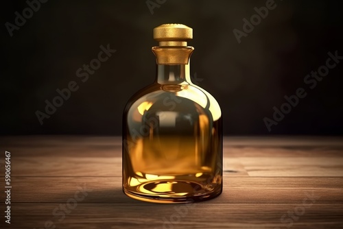 Elegant Half-Filled Gold Potion Bottle on Table, Concept of Luxury, Generative AI