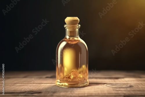 Elegant Half-Filled Gold Potion Bottle on Table, Concept of Luxury, Generative AI