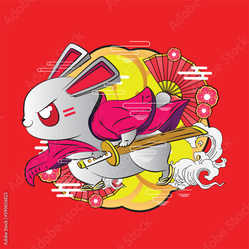 Samurai Rabbit illustration for new year logo, notebook, and background