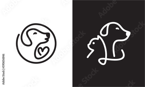 dog and cat logo design. pet care white linear style concept element symbol vector illustration.