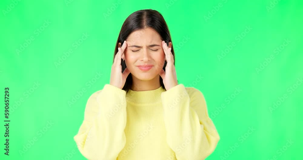 Green screen, headache and woman isolated on studio background with migraine, stress or pain. Frustrated, angry and burnout, temple massage and young person with sick or health risk in mockup space Green screen, headache and woman isolated on studio background with migraine, stress or pain. Frustrated, angry and burnout, temple massage and young person with sick or health risk in mockup space