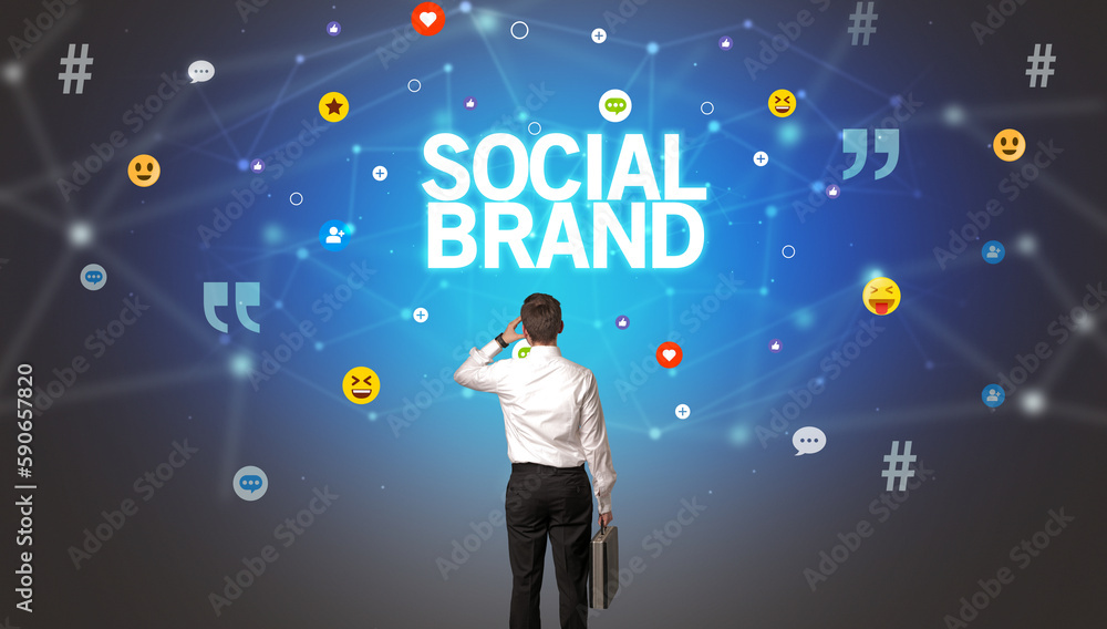 Rear view of a businessman, social media concept Rear view of a businessman, social media concept