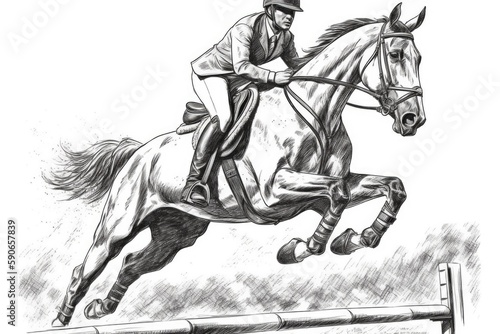 horse and rider jumping over a hurdle. Generative AI © 2rogan