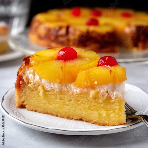 Pineapple upside-down cake slice on a plate, generative ai