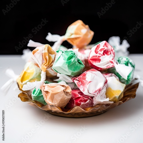 Saltwater taffy close-up image, a variety of taffies on a plate, generative ai photo