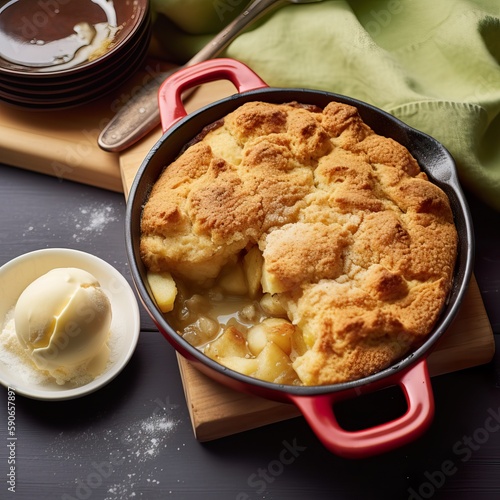  Apple cobbler with ice cream, top-down view of apple dessert, generative ai