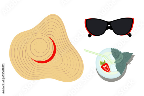 Wide brimmed hat with tape, mint and strawberry mojito cocktail and red rimmed sunglasses. Isolate