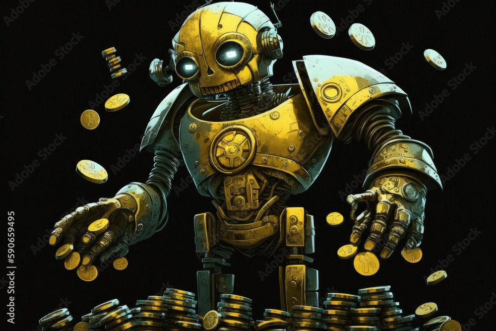 An illustration for a financial technology concept shows a little robot clutching a collection of gold coins. Generative AI