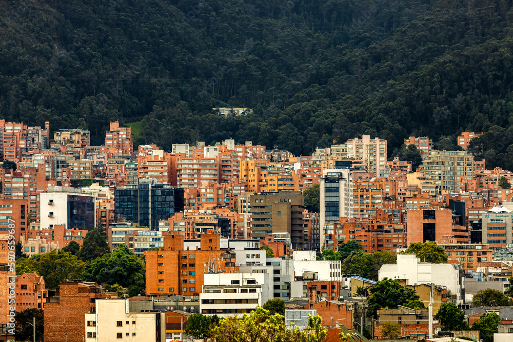Residential buildings at the foot of a hill in Bogota, Colombia