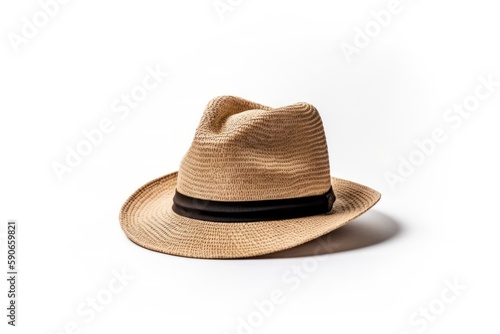 Stylish Tan straw Hat Elegantly Displayed on Pristine White Background - Generative Ai