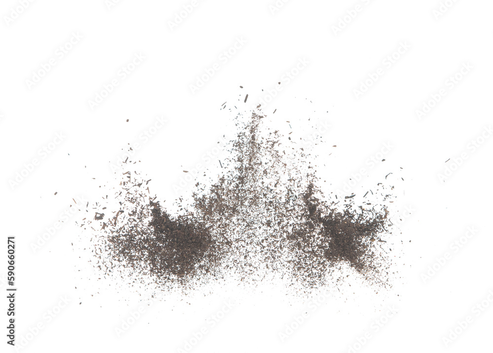 Black dried leave Tea explode. Small Fine size tea leaf flying explosion, Abstract cloud fly. Brown colored Teas splash throwing in Air. White background Isolated high speed shutter, throwing freeze Black dried leave Tea explode. Small Fine size tea leaf flying explosion, Abstract cloud fly. Brown colored Teas splash throwing in Air. White background Isolated high speed shutter, throwing freeze