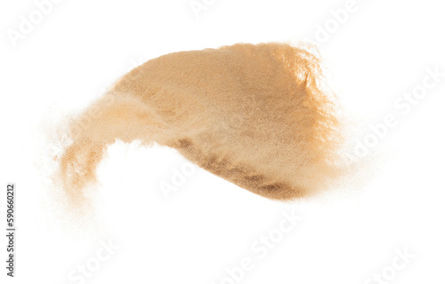 Small size fine Sand flying explosion, Golden grain wave explode. Abstract cloud fly. Yellow colored sand splash silica in Air. White background Isolated high speed shutter, throwing freeze shot