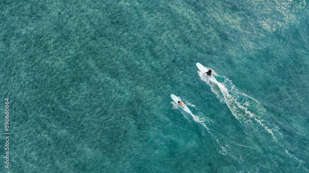 Surfers on a wave on a long surfboard in Waikiki Honolulu Hawaii. Aerial drone top-down view.