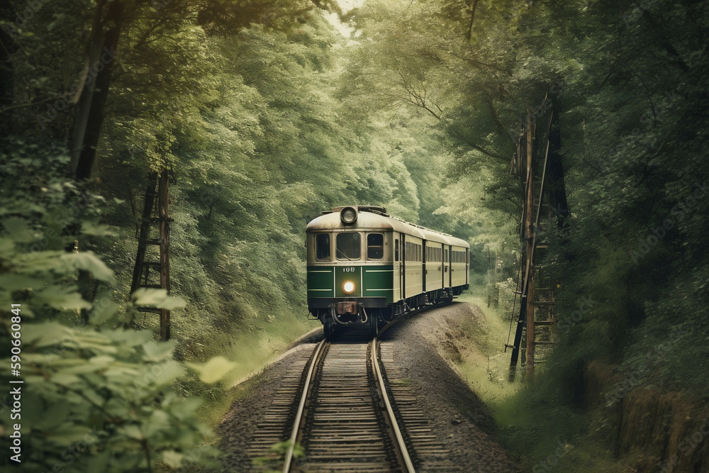 Fototapeta premium Train Rides In A Forest Area, Vintage, Retro Style, Made Using Generative Ai