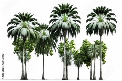 Several betel palm trees isolated against a white background. Generative AI