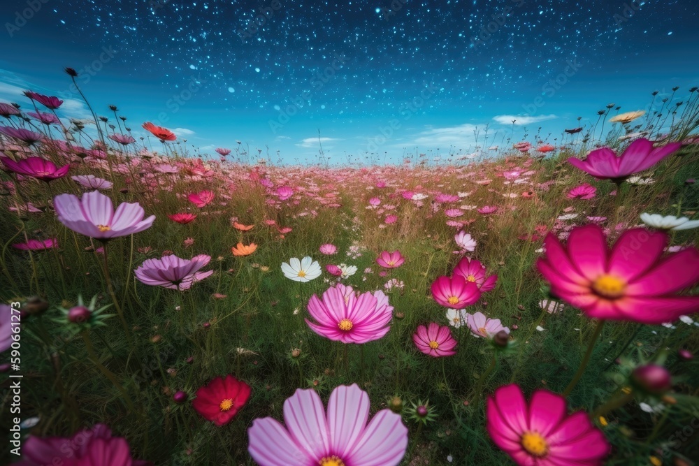 vibrant pink flower field under a clear blue sky. Generative AI