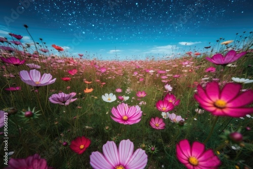 vibrant pink flower field under a clear blue sky. Generative AI