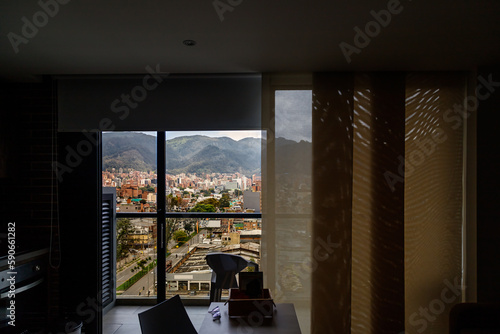 Panoramic of the Chapinero neighborhood through the window of an apartment in Bogota, Colombia