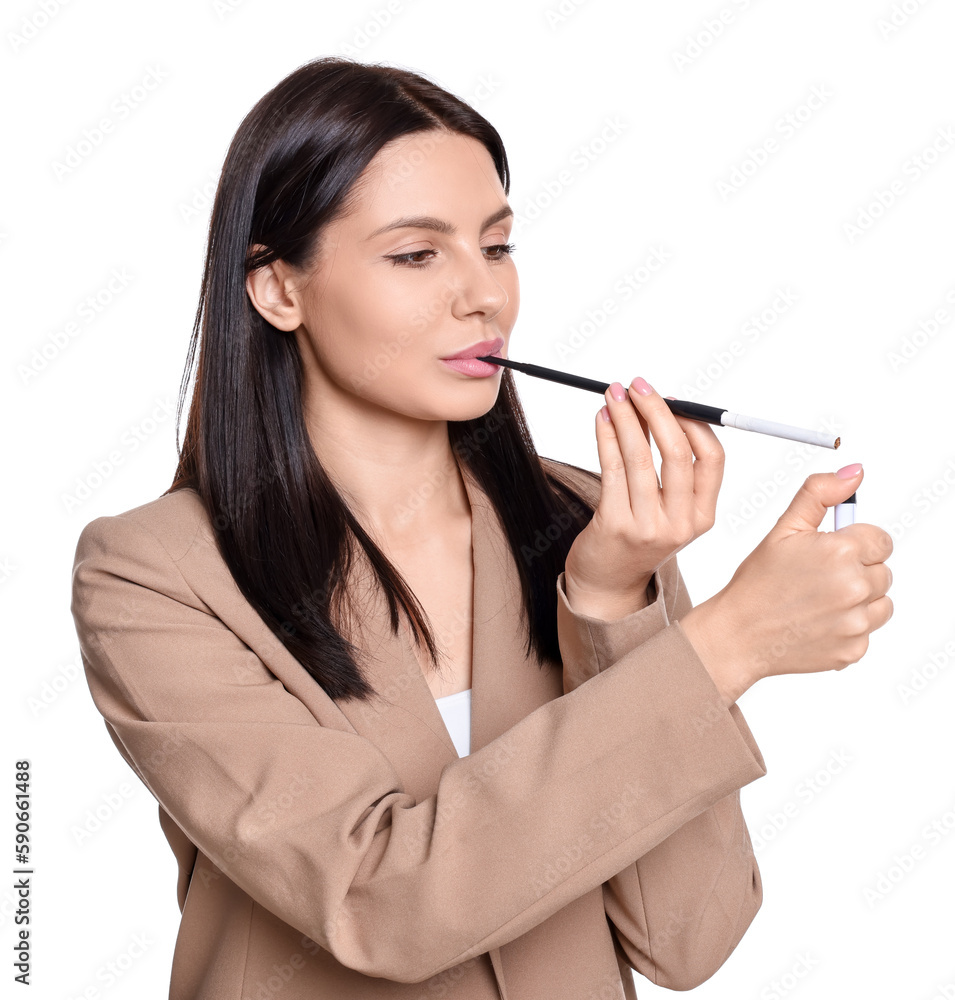 Woman using long cigarette holder for smoking isolated on white Woman using long cigarette holder for smoking isolated on white