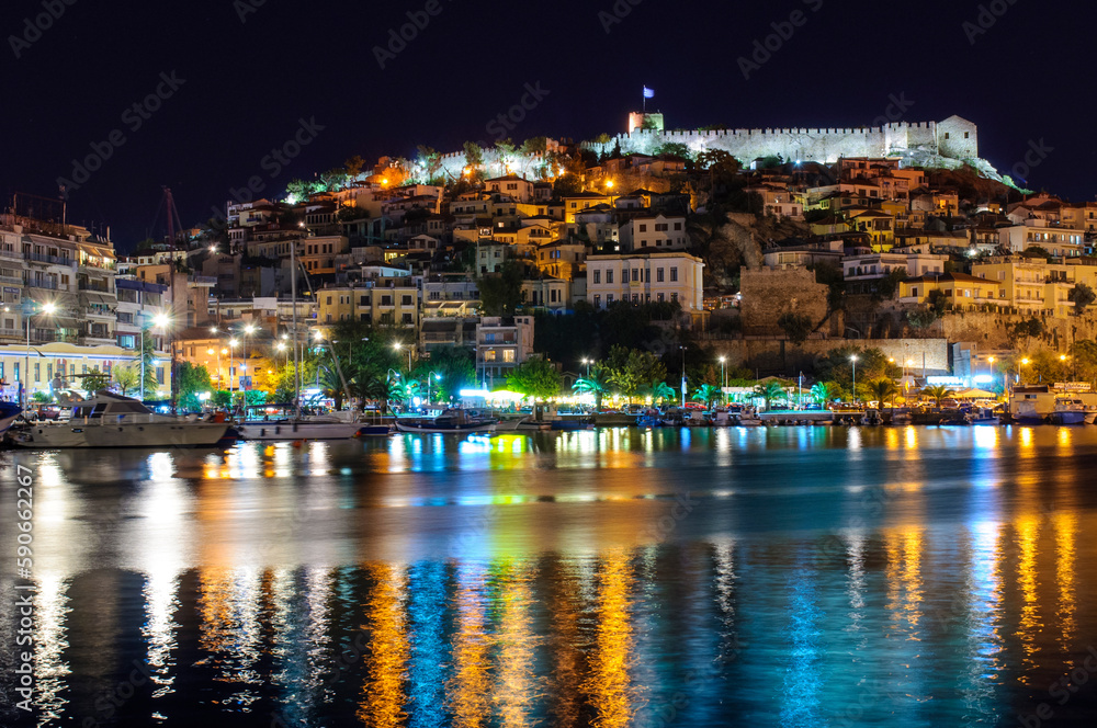 Night in the city of Kavala in Greece. Kavala is the main seaport of eastern Macedonia