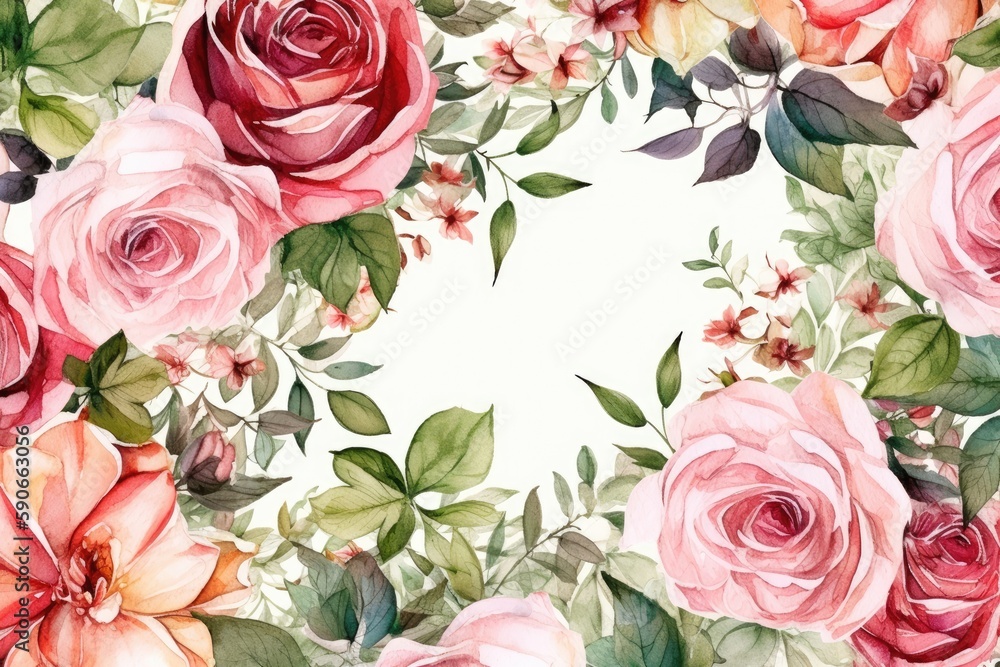 pink roses and green leaves in a watercolor painting. Generative AI