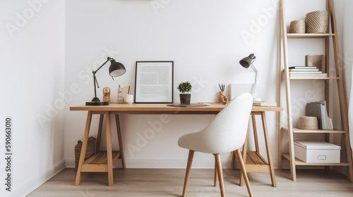 Comfortable workplace with wooden desk near white wall at home Generative AI photo