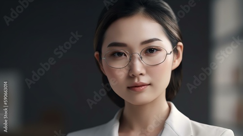 オフィスにいるスーツ姿の眼鏡をつけたアジア人ビジネスウーマン・経営者（Generative AI） 