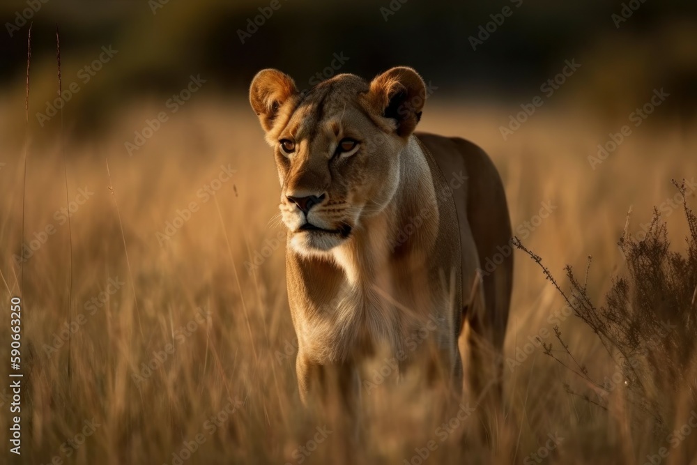 Beautiful lioness in nature in a natural habitat. AI generated, human enhanced Beautiful lioness in nature in a natural habitat. AI generated, human enhanced