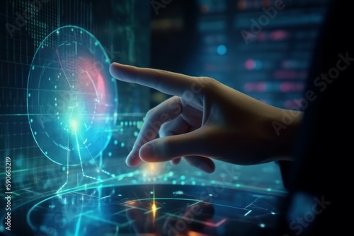 Hand of Software Architect IT specialist working with hologram infographics. AI generated  human enhanced.
