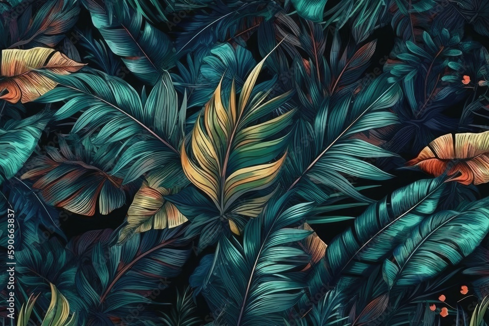 tropical leaves on black background. Generative AI