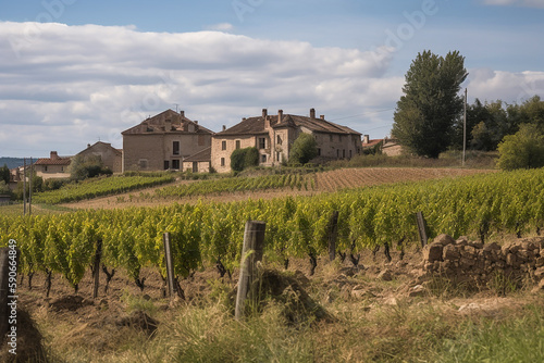 Landscape of a small vilage near vineyards. Generative AI