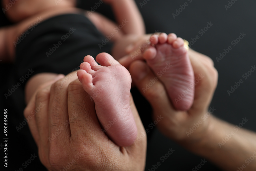 A mother hold the feet of a newborn child in a black blanket on a Black background. The feet of a newborn in the hands of parents. Studio macro photo legs, toes, feet and heels of a newborn. A mother hold the feet of a newborn child in a black blanket on a Black background. The feet of a newborn in the hands of parents. Studio macro photo legs, toes, feet and heels of a newborn.