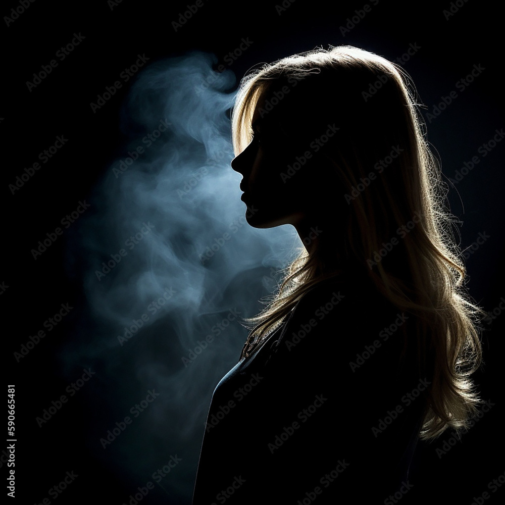Silhouette of a young beautiful woman, with smoke and on an isolated black background. Generative AI