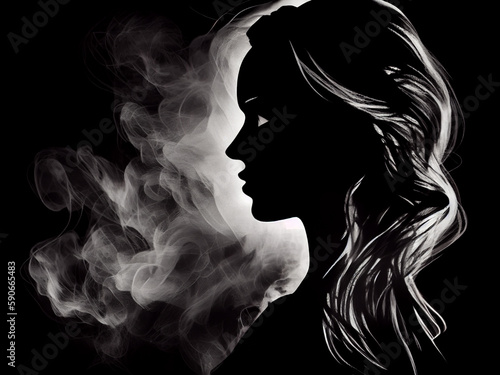 Drawn silhouette of a young beautiful woman, in a smoky style and on an isolated black background. Generative AI