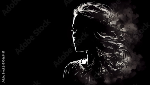 Drawn silhouette of a young beautiful woman, in a smoky style and on an isolated black background. Generative AI