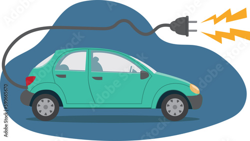Illustration vectorielle repr     sentant une voiture      lectrique avec sa prise de courant. Concept de protection de l environnement et d      nergie propre