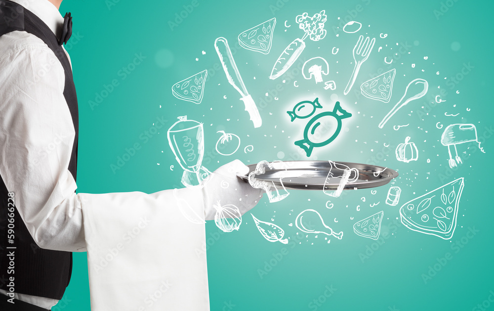 Waiter holding silver tray with food icons above Waiter holding silver tray with food icons above