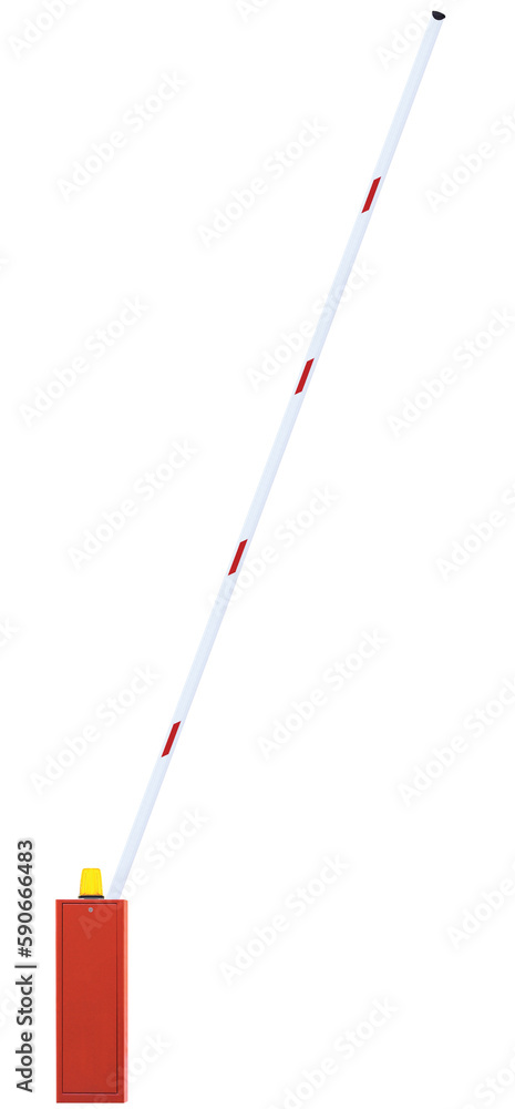 Fototapeta premium Gated Road Barrier Closeup, Open Gate Bar White Red, Expressway Traffic Turnpike Toll Stop Vehicle Security Point Gateway, Beacon Flash Light, Vertical Isolated Express Way Checkpoint, Car Park Entry