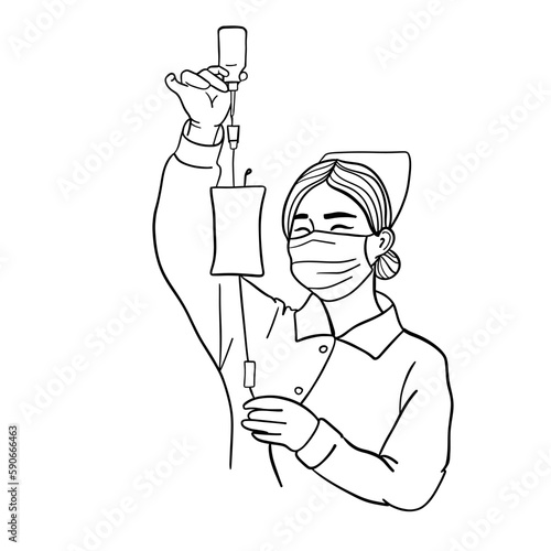 Nurse checking a saline drip IV. Medical staff wearing personal protective equipment for medical professionals. Vector flat illustration isolated on white background.