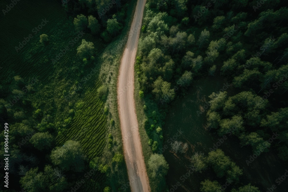 a dusty road leads into the forest. a rural road as seen from above. a summertime woods. Generative AI