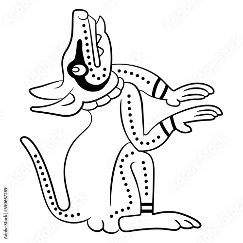Funny seated dog puppy or stylized coyote. Native American animal design from Mayan codex. Black and white silhouette.