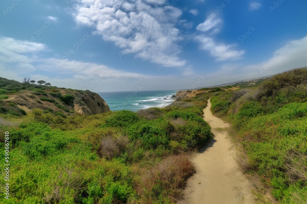 Beach Landscape A scenic coastal hike path- AI Generative