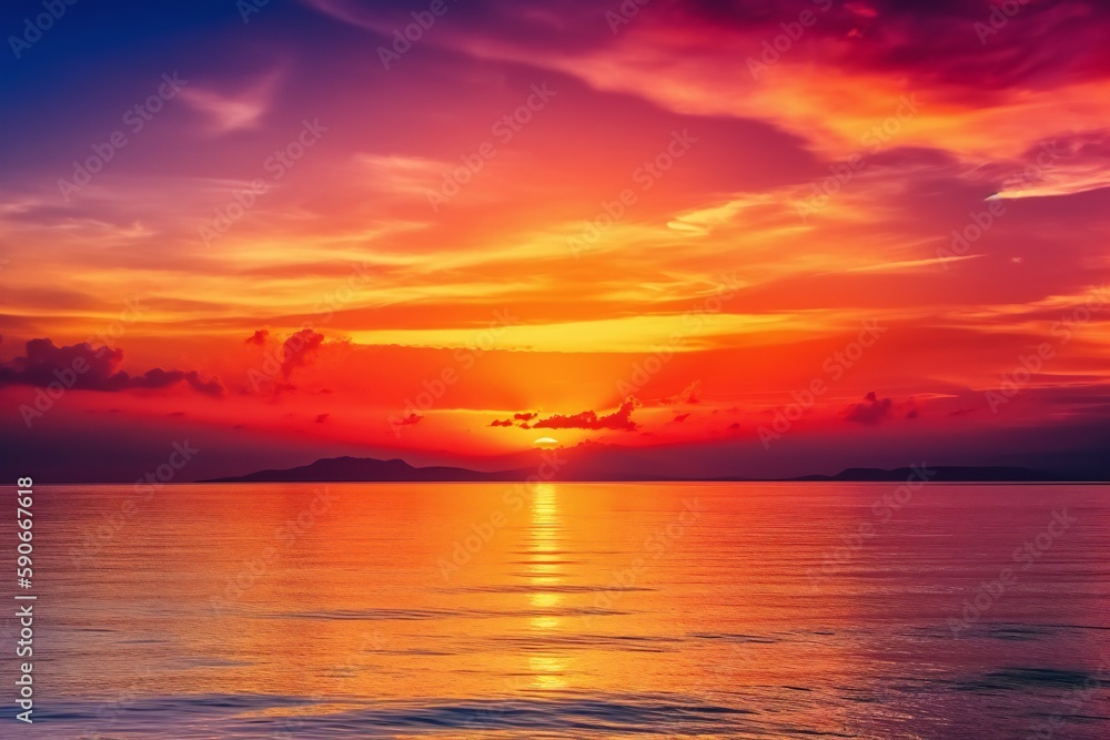 Fototapeta premium Beach Landscape A spectacular sunset painting the sky in vibrant shades of orange and pink - AI Generative