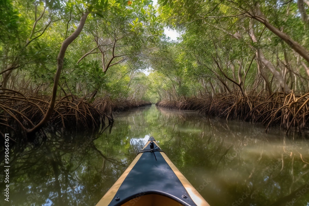 Fototapeta premium Beach Landscape A tranquil mangrove forest exploration by kayak 3- AI Generative