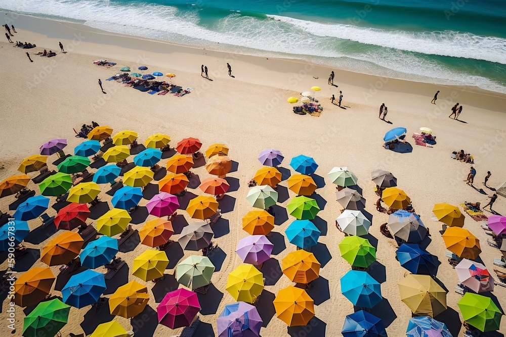 Beach Landscape Brightly colored beach umbrellas creating a mosaic of shade 1- AI Generative Beach Landscape Brightly colored beach umbrellas creating a mosaic of shade 1- AI Generative